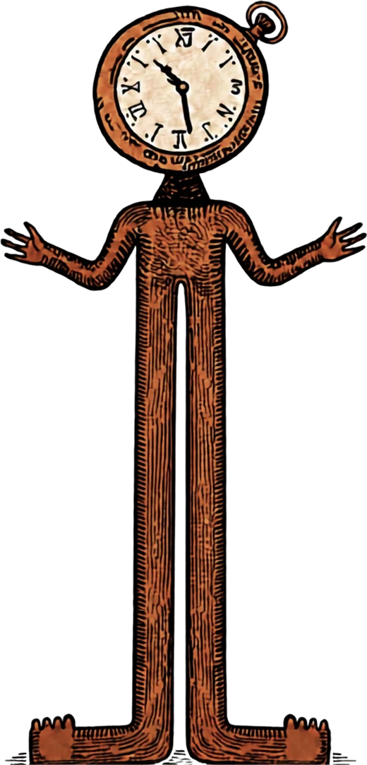 Le personnage emblème de l'association : une silhouette élancée dont la tête est une montre à gousset ouverte, les bras écartés.